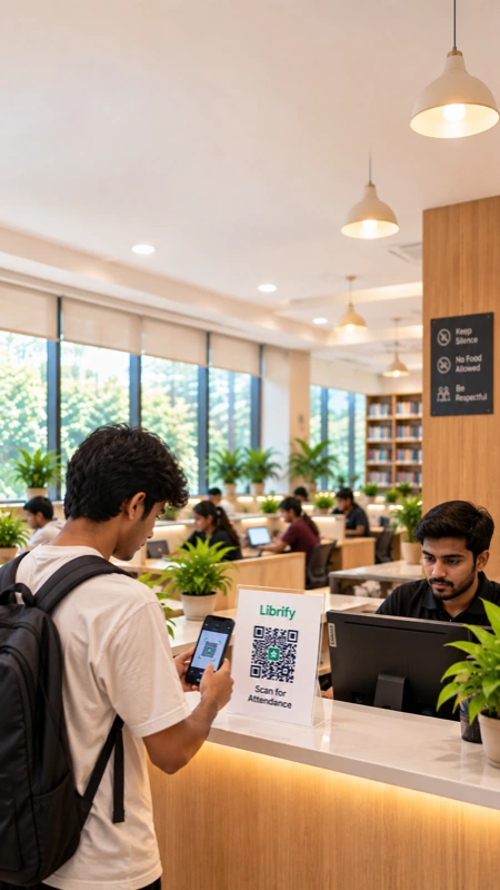 A student scanning the Librify QR code at the library desk