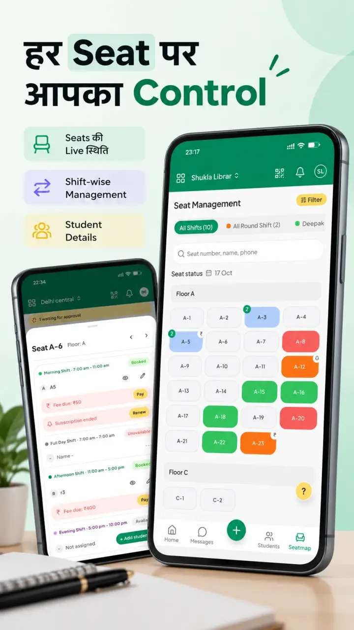 हर Seat पर आपका Control – live seat status, shift-wise management, student details